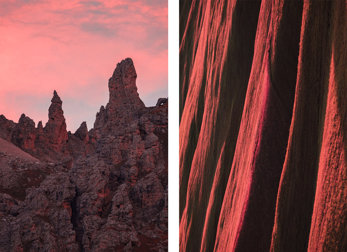 diptychon of mountains and hillside structures in red hues