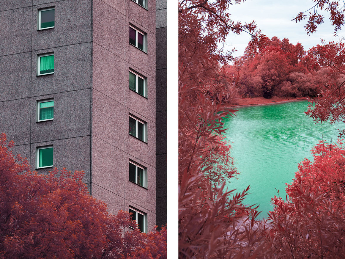 divided picture between architecture and landscapeboth in infrared look